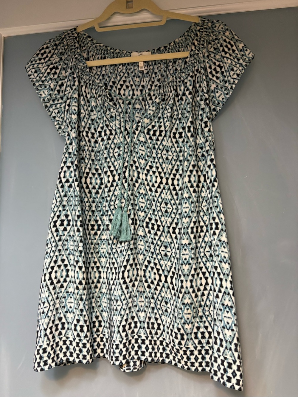 Joie Cotati Light Blue White & Black Geometric Aztec print Silk Peasant Top